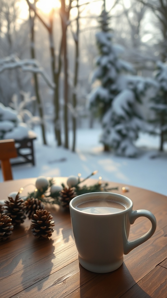 A cozy winter morning scene with hot cocoa and festive decorations.